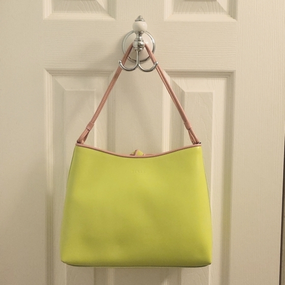 Furla, leather handbag, lime green with pink trim - Picture 2 of 11